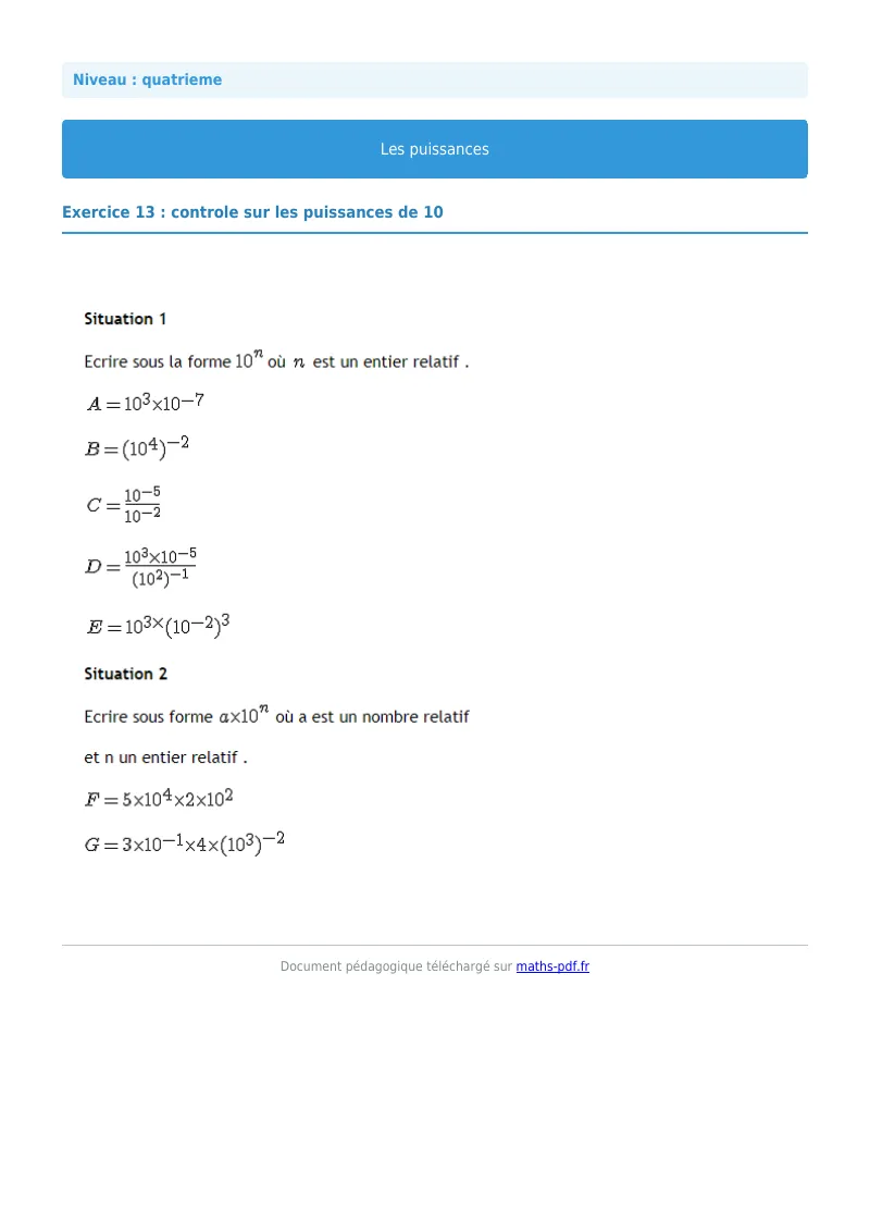 Puissances : exercice n°13 de maths en 4ème corrigé en PDF