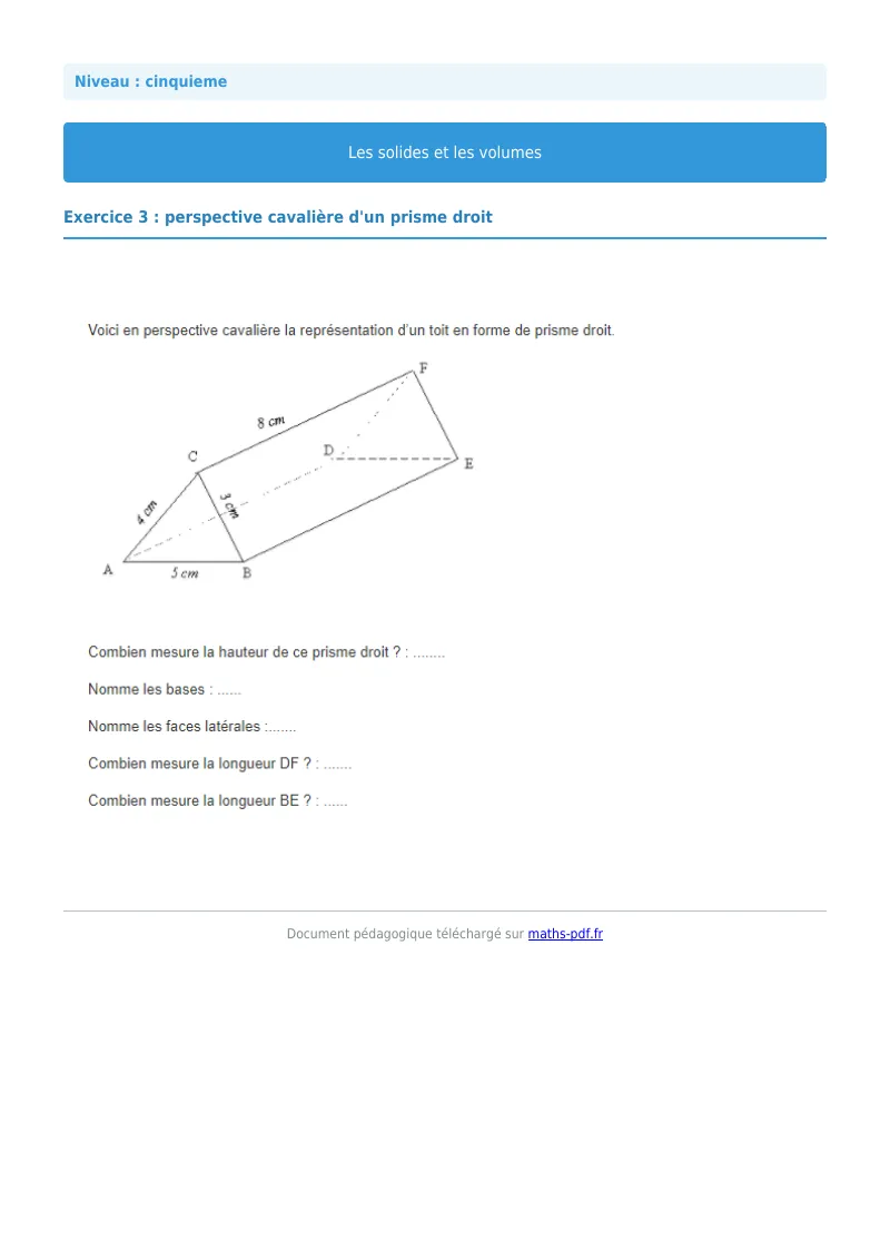Volumes : exercice n°3 de maths en 5ème corrigé en PDF