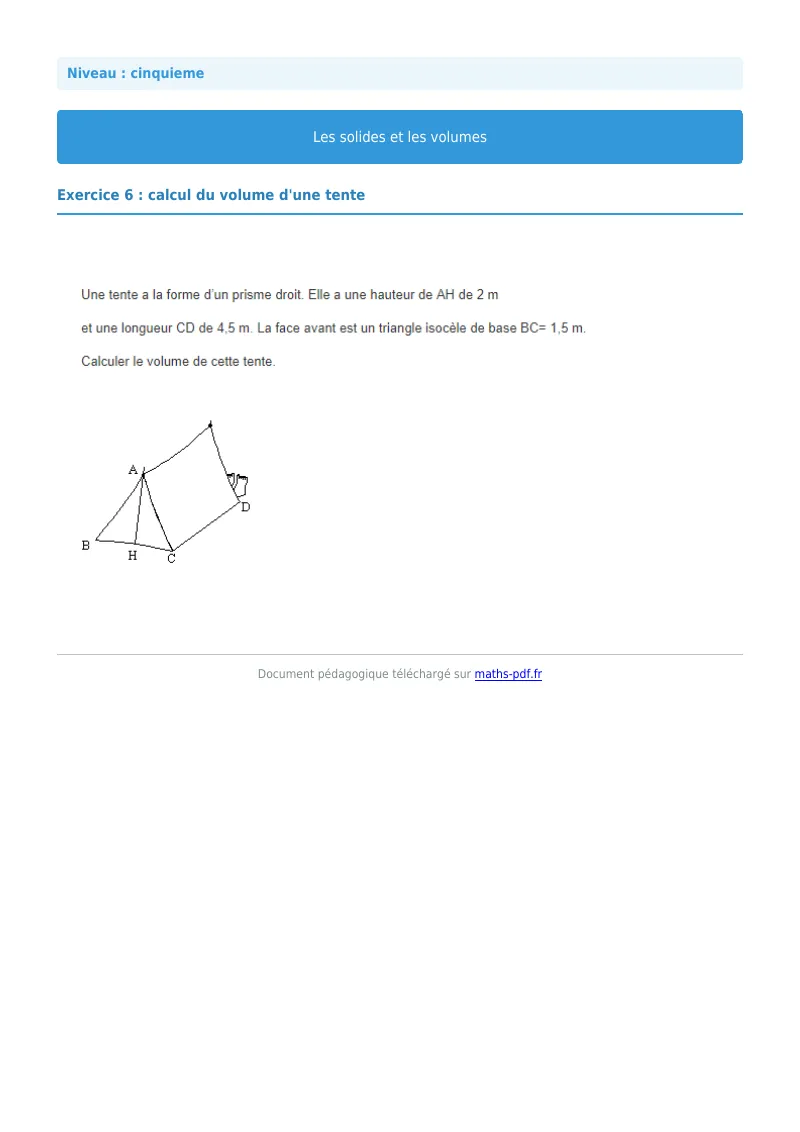 Volumes : exercice n°6 de maths en 5ème corrigé en PDF