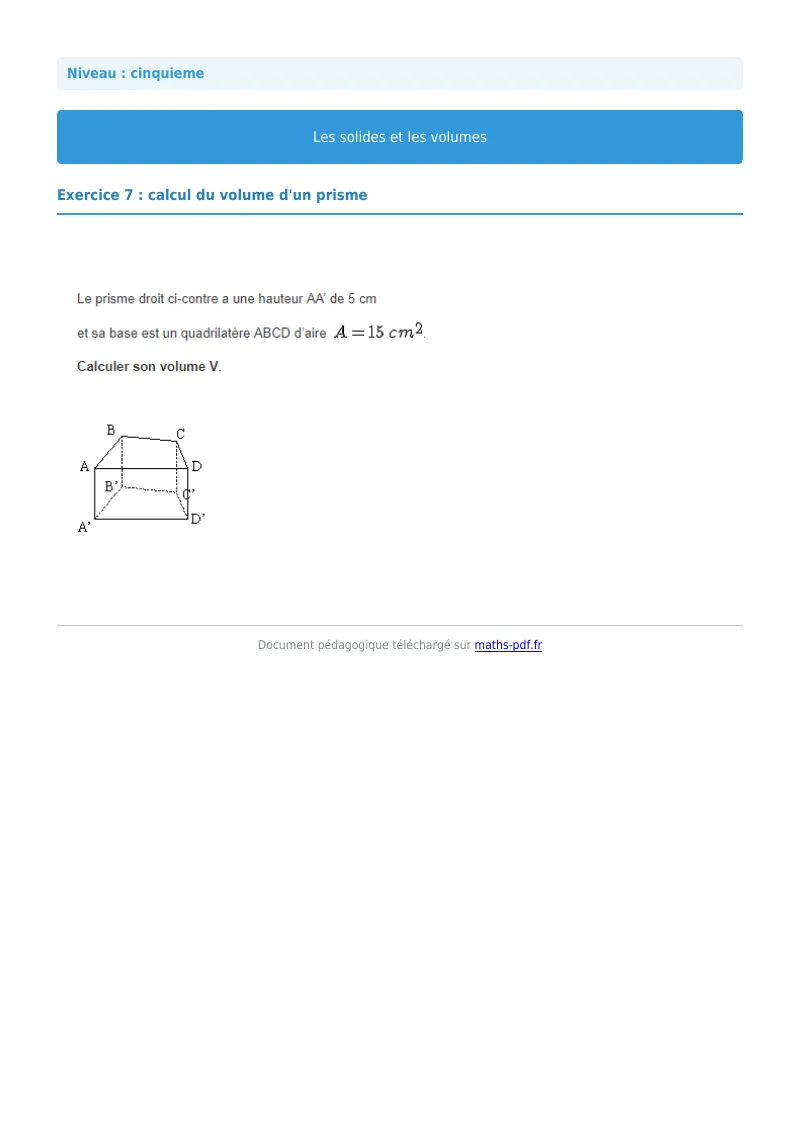 Volumes : exercice n°7 de maths en 5ème corrigé en PDF