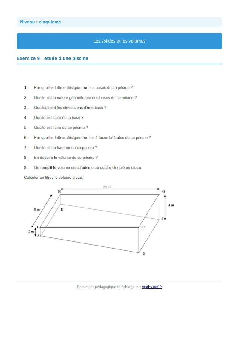 Volumes : exercice n°9 de maths en 5ème corrigé en PDF