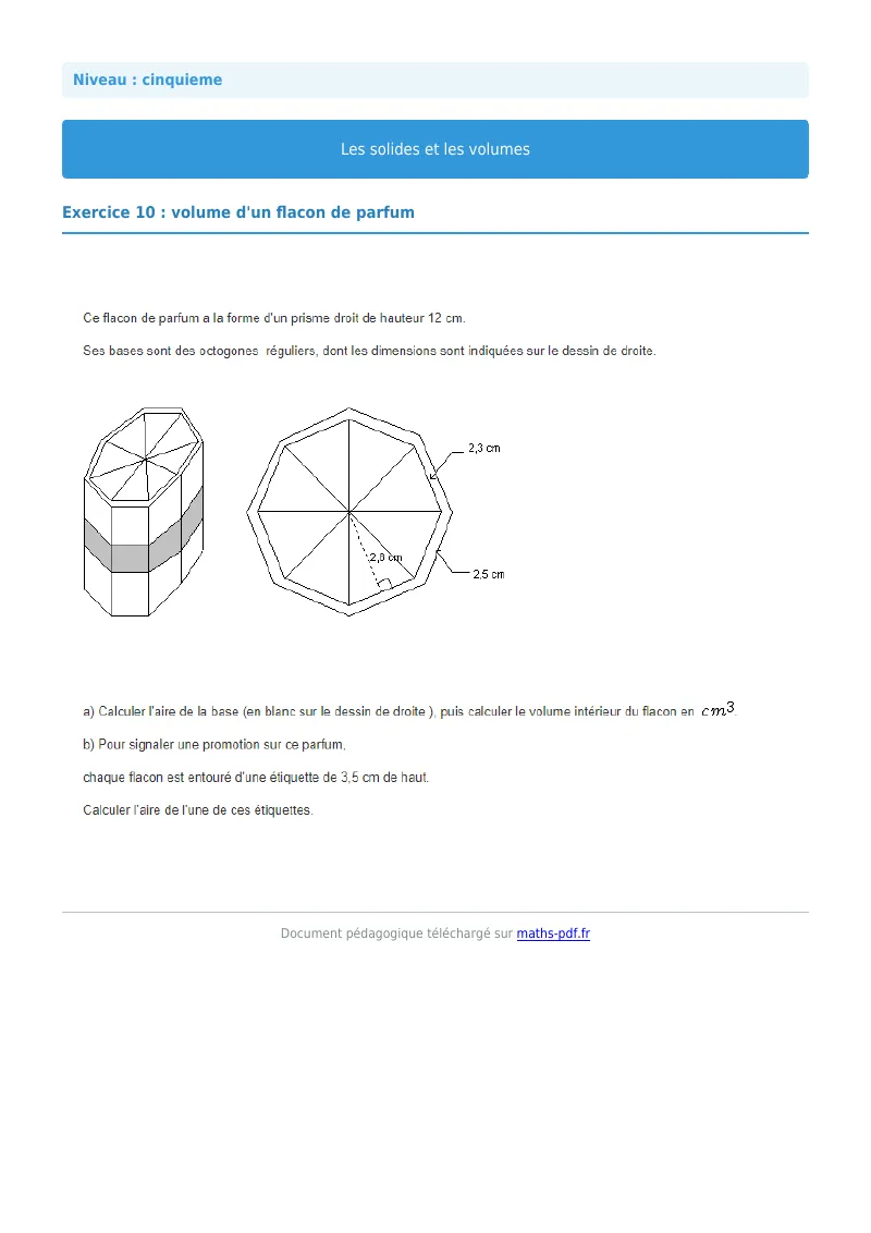 Volumes : exercice n°10 de maths en 5ème corrigé en PDF