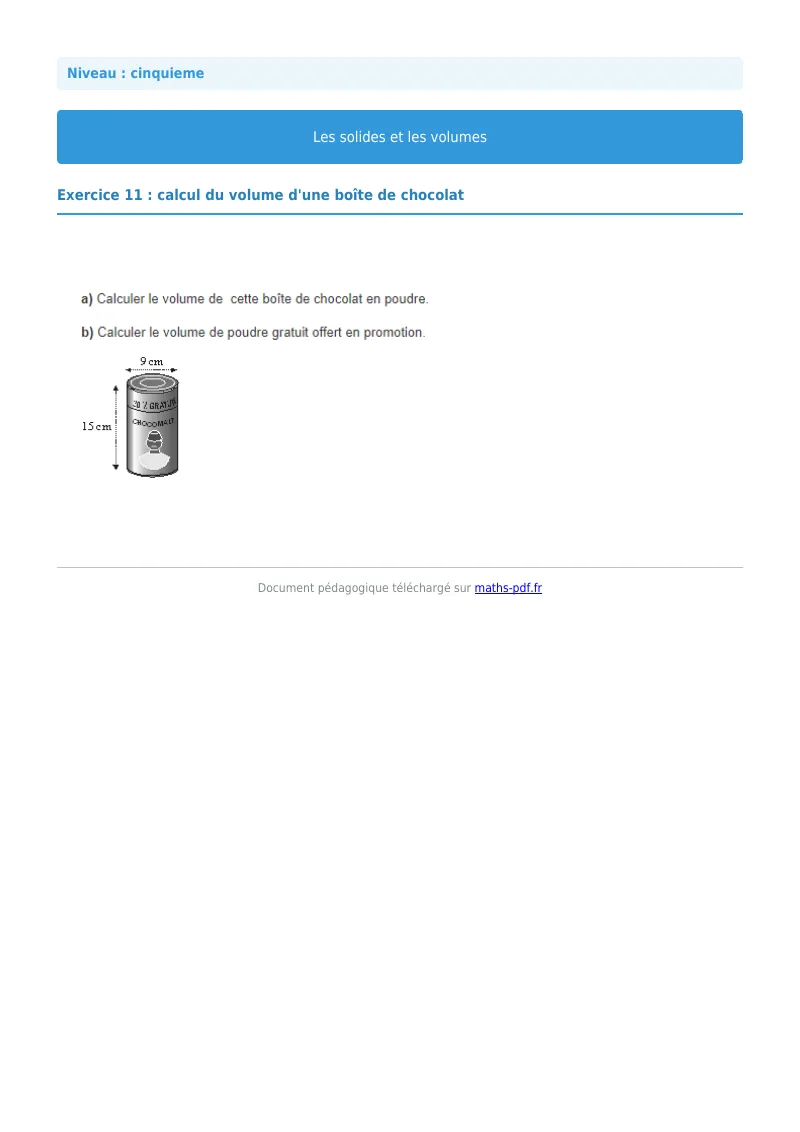 Volumes : exercice n°11 de maths en 5ème corrigé en PDF