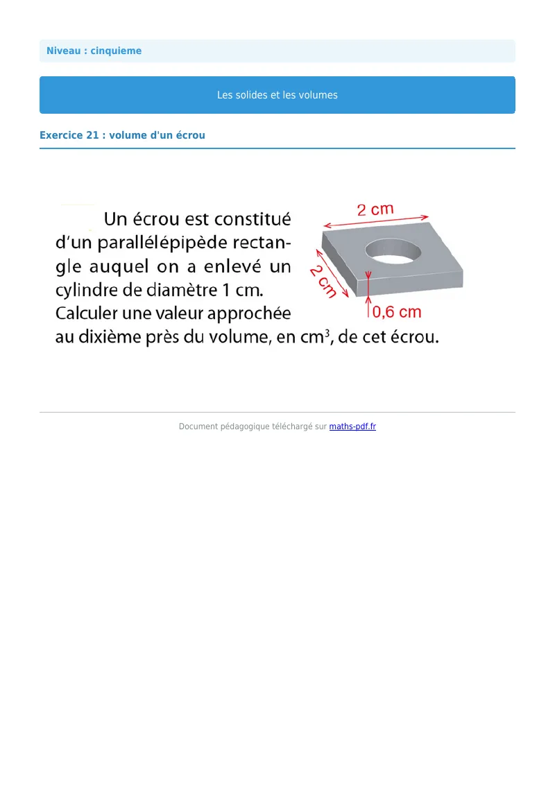 Volumes : exercice n°21 de maths en 5ème corrigé en PDF