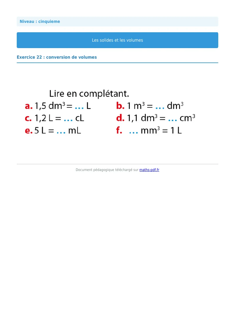 Volumes : exercice n°22 de maths en 5ème corrigé en PDF