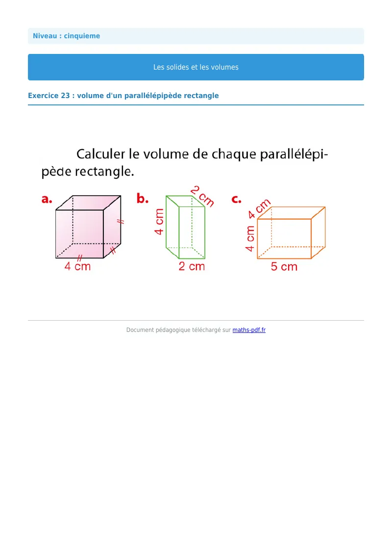 Volumes : exercice n°23 de maths en 5ème corrigé en PDF