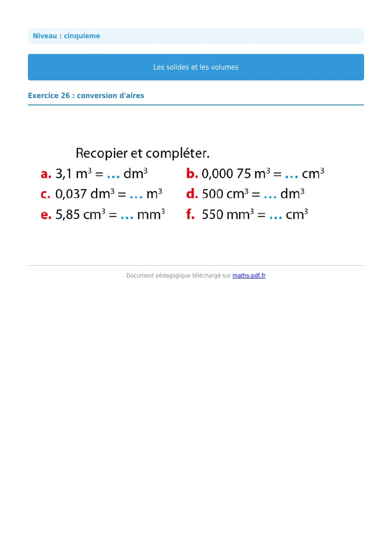 Volumes : exercice n°26 de maths en 5ème corrigé en PDF