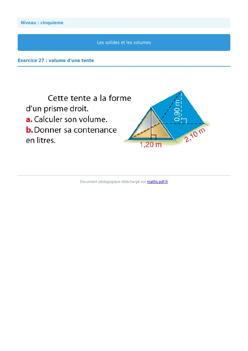 Volumes : exercice n°27 de maths en 5ème corrigé en PDF