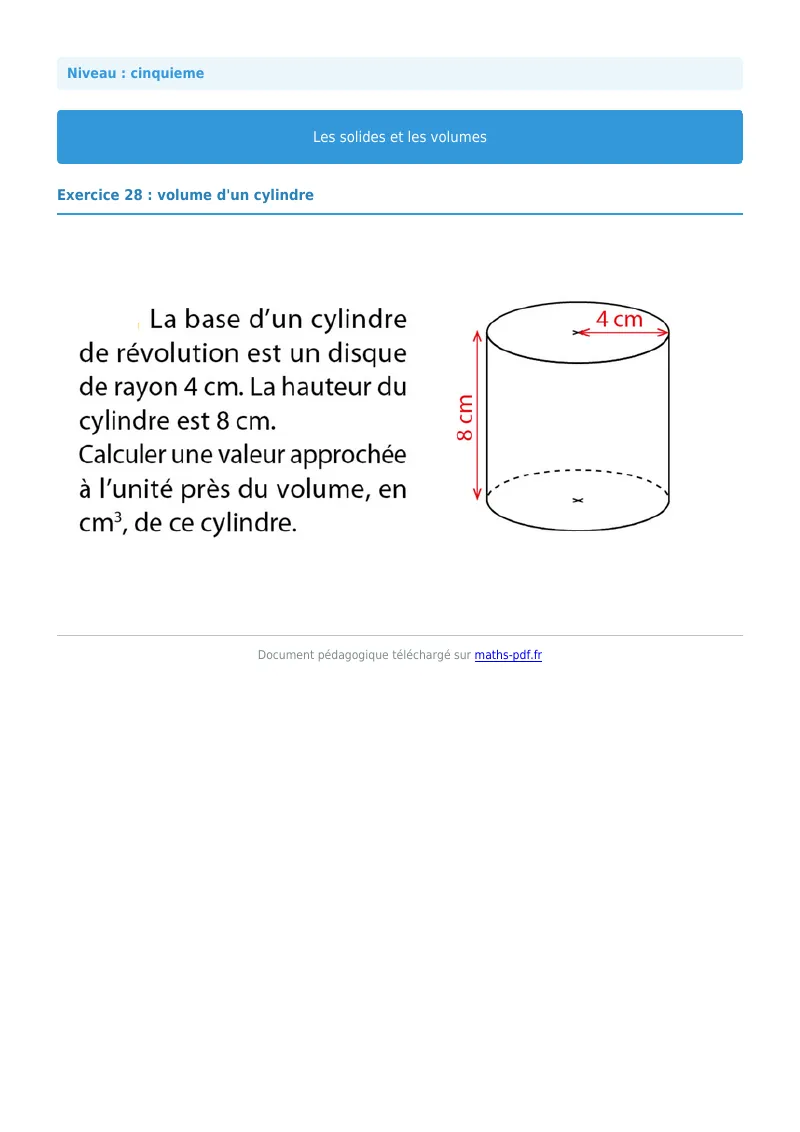 Volumes : exercice n°28 de maths en 5ème corrigé en PDF