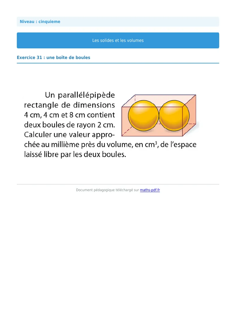 Volumes : exercice n°31 de maths en 5ème corrigé en PDF