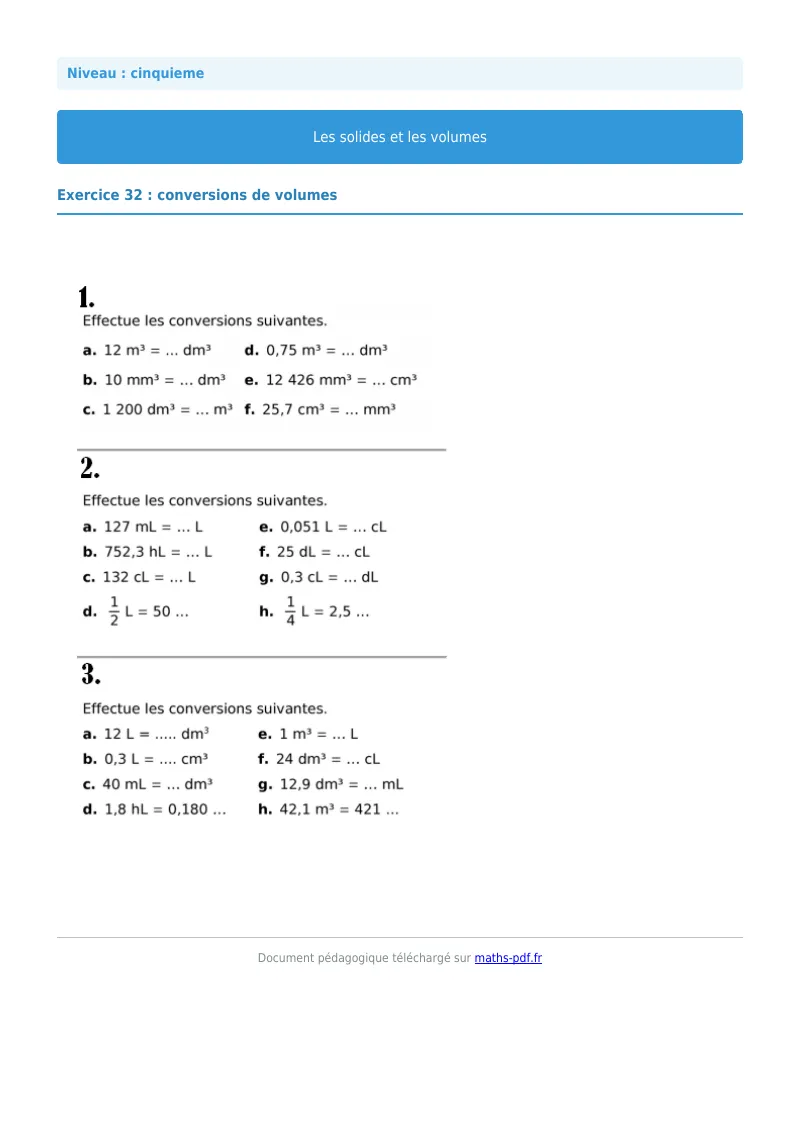 Volumes : exercice n°32 de maths en 5ème corrigé en PDF