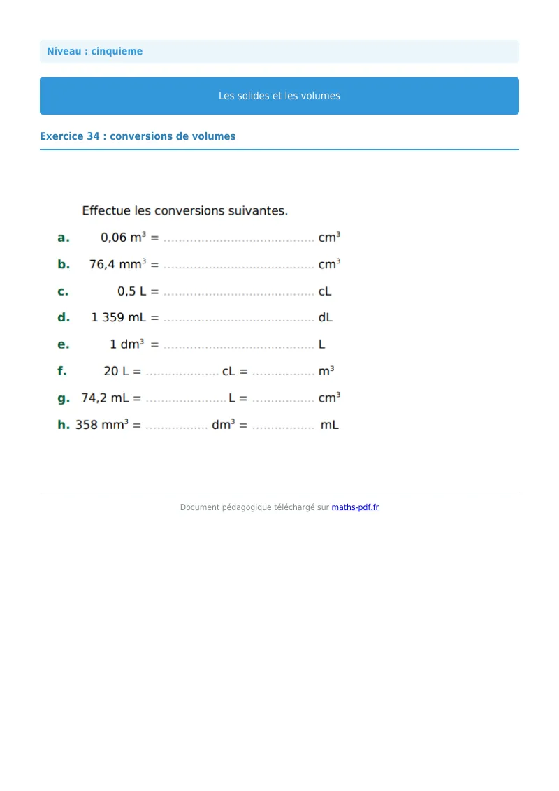 Volumes : exercice n°34 de maths en 5ème corrigé en PDF