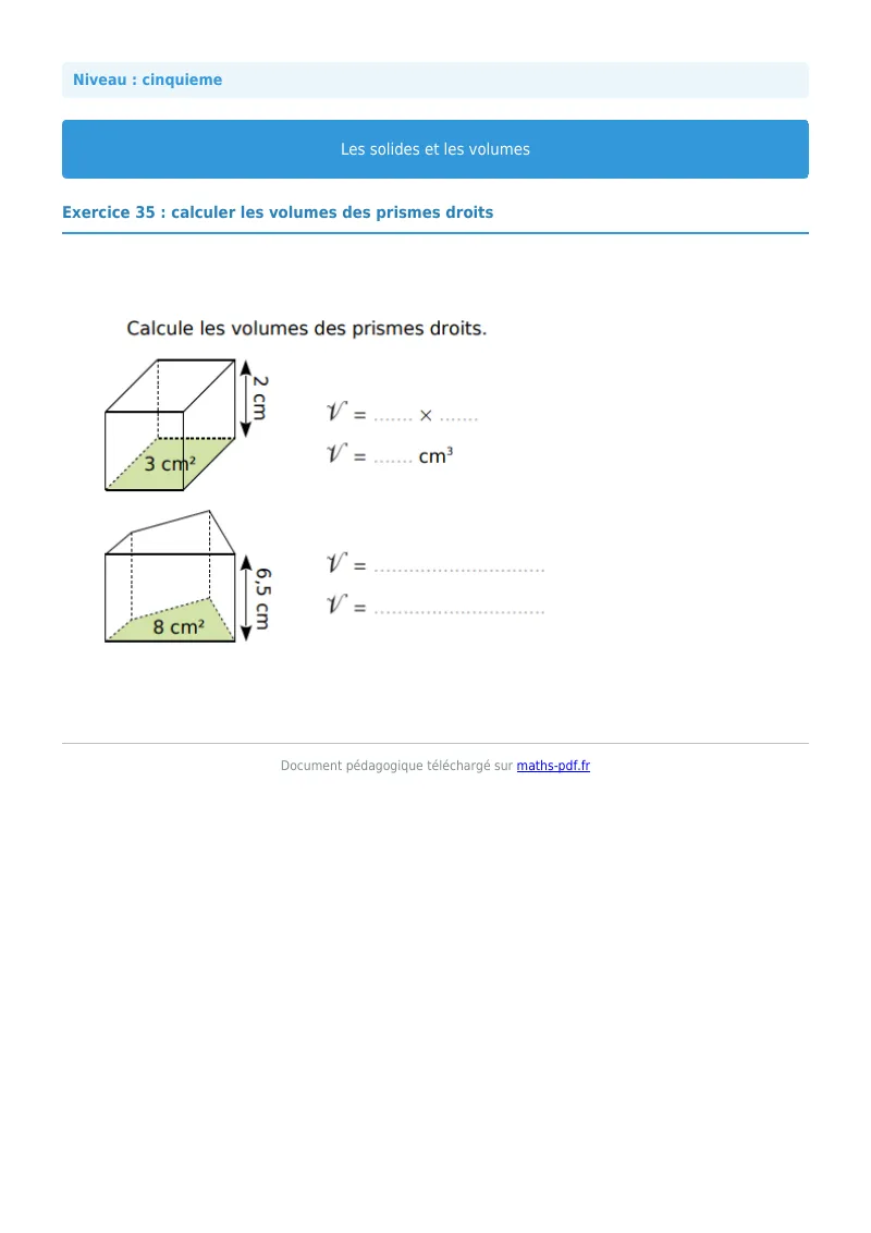 Volumes : exercice n°35 de maths en 5ème corrigé en PDF