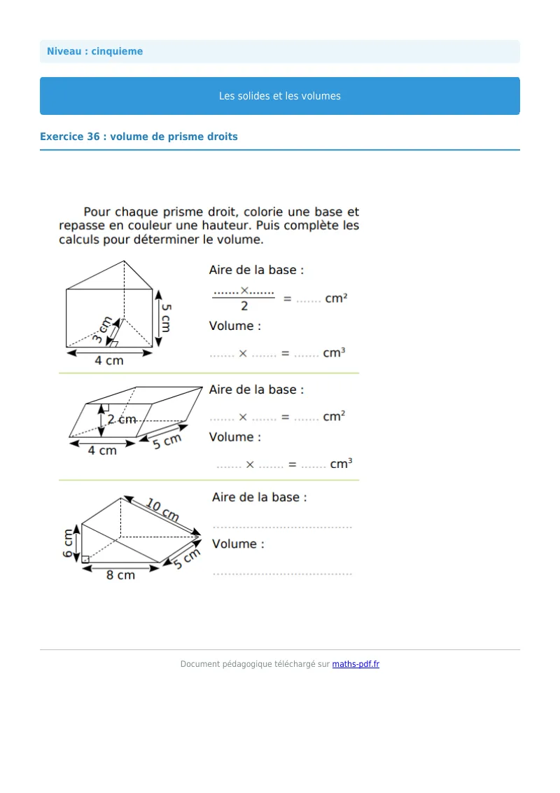 Volumes : exercice n°36 de maths en 5ème corrigé en PDF