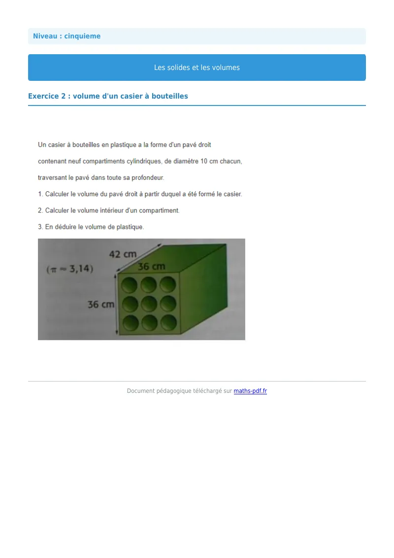 Volumes : exercice n°2 de maths en 5ème corrigé en PDF