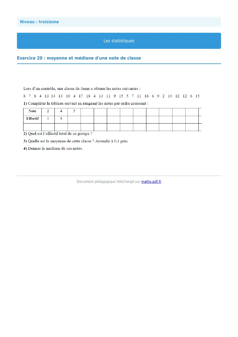 Statistiques : exercice n°20 de maths en 3ème corrigé en PDF