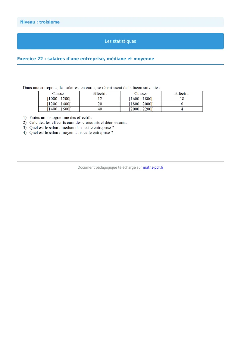 Statistiques : exercice n°22 de maths en 3ème corrigé en PDF