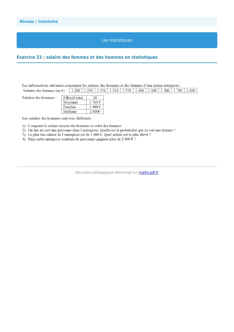 Statistiques : exercice n°23 de maths en 3ème corrigé en PDF