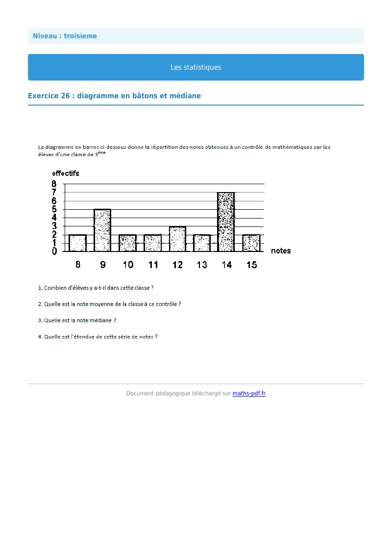 Statistiques : exercice n°26 de maths en 3ème corrigé en PDF