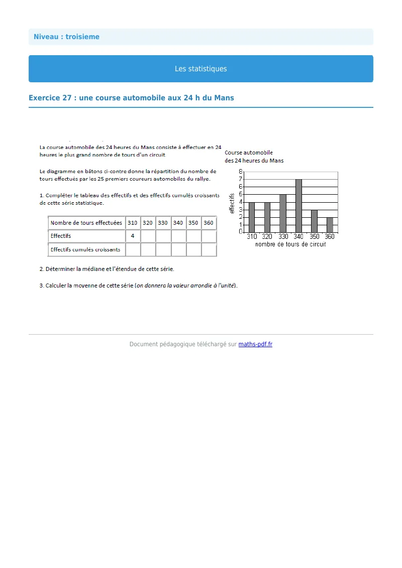 Statistiques : exercice n°27 de maths en 3ème corrigé en PDF