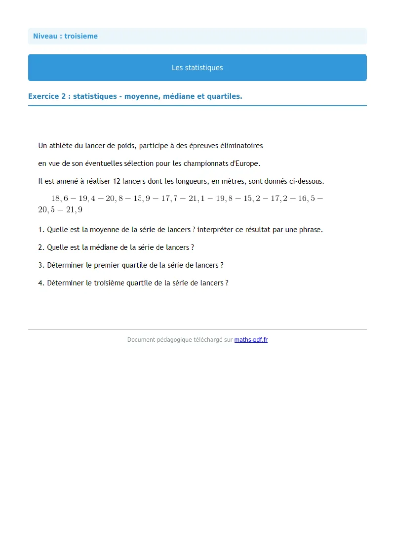 Statistiques : exercice n°2 de maths en 3ème corrigé en PDF