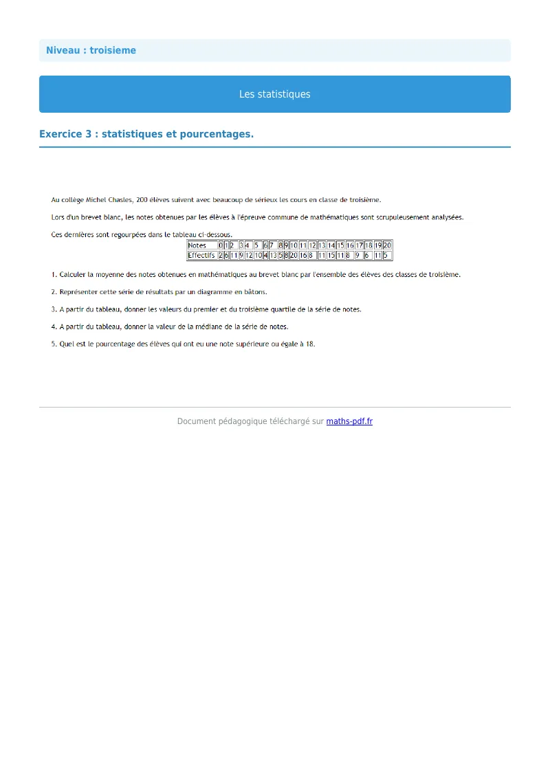 Statistiques : exercice n°3 de maths en 3ème corrigé en PDF