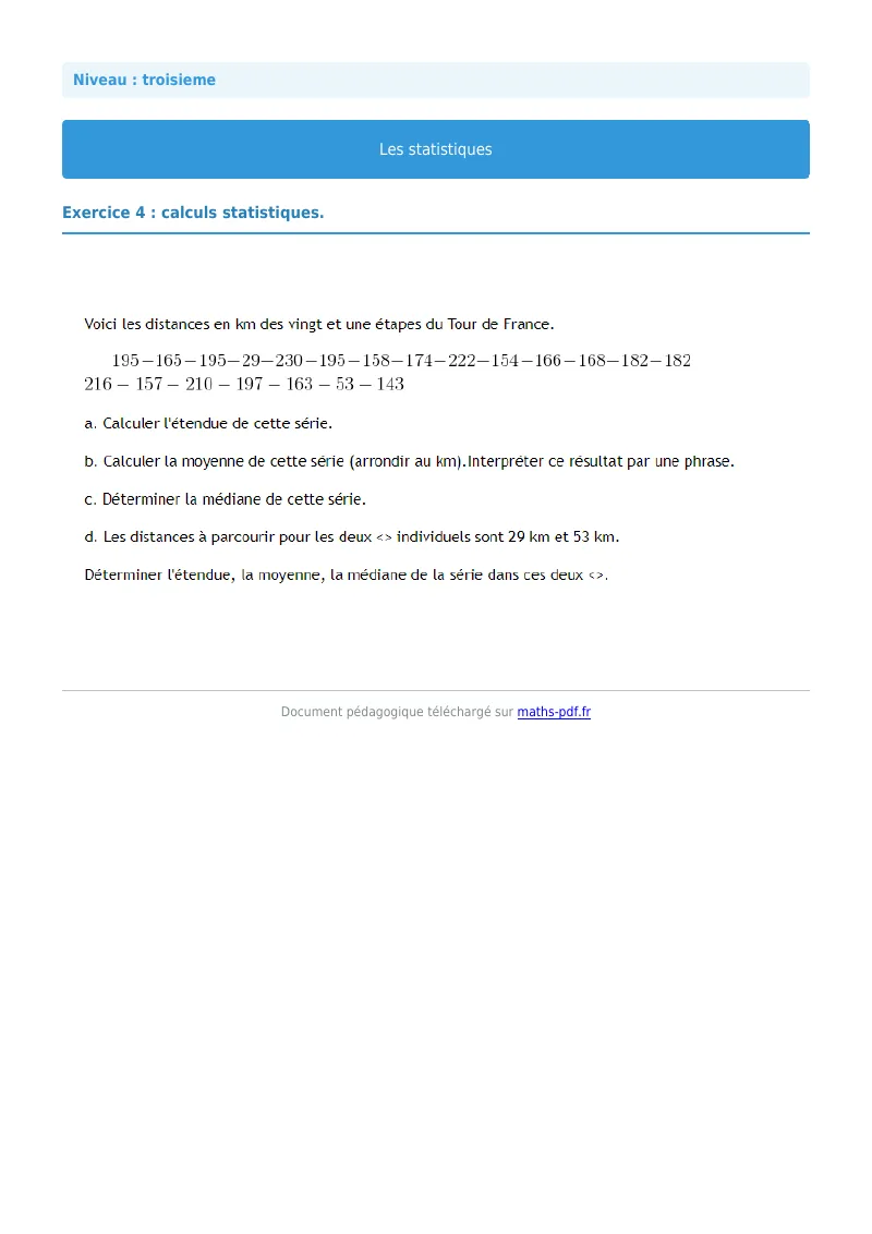 Statistiques : exercice n°4 de maths en 3ème corrigé en PDF