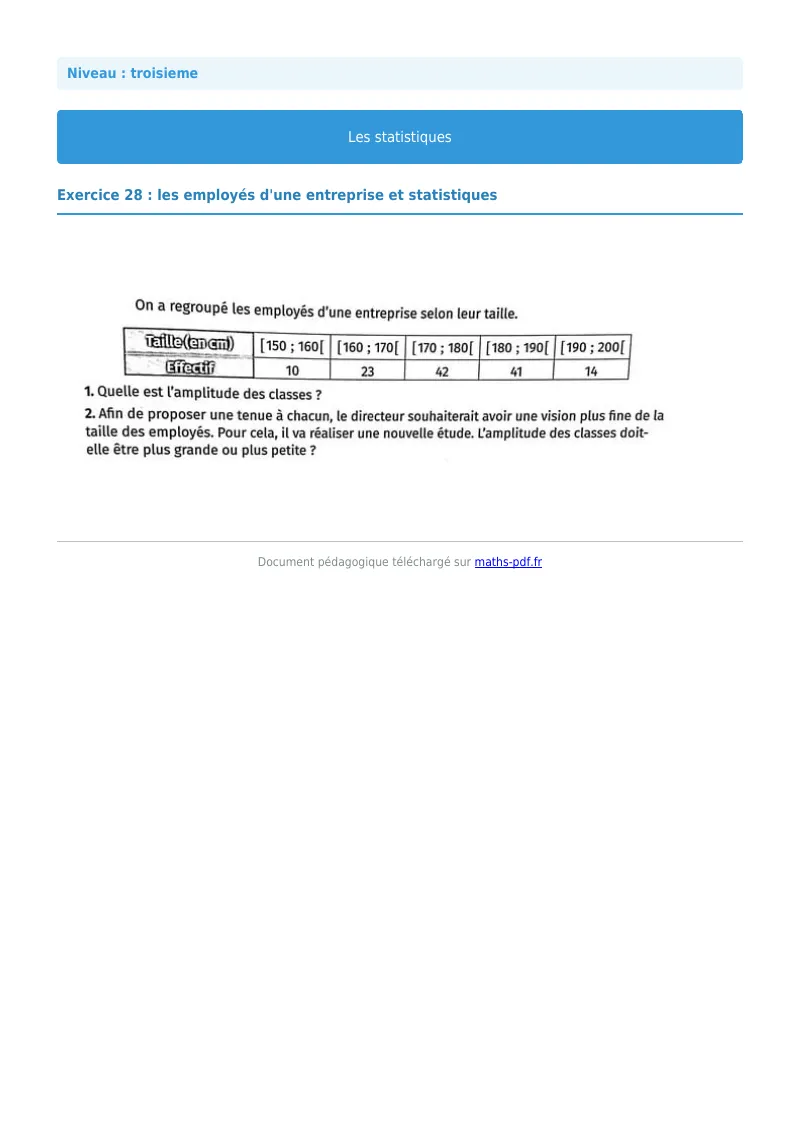 Statistiques : exercice n°28 de maths en 3ème corrigé en PDF