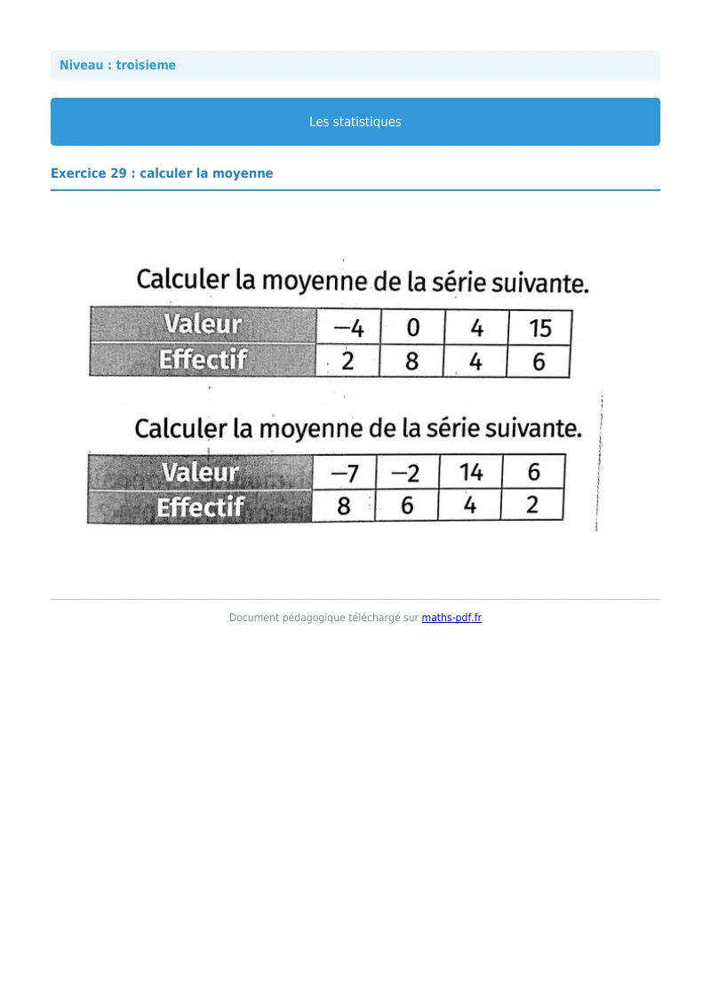 Statistiques : exercice n°29 de maths en 3ème corrigé en PDF