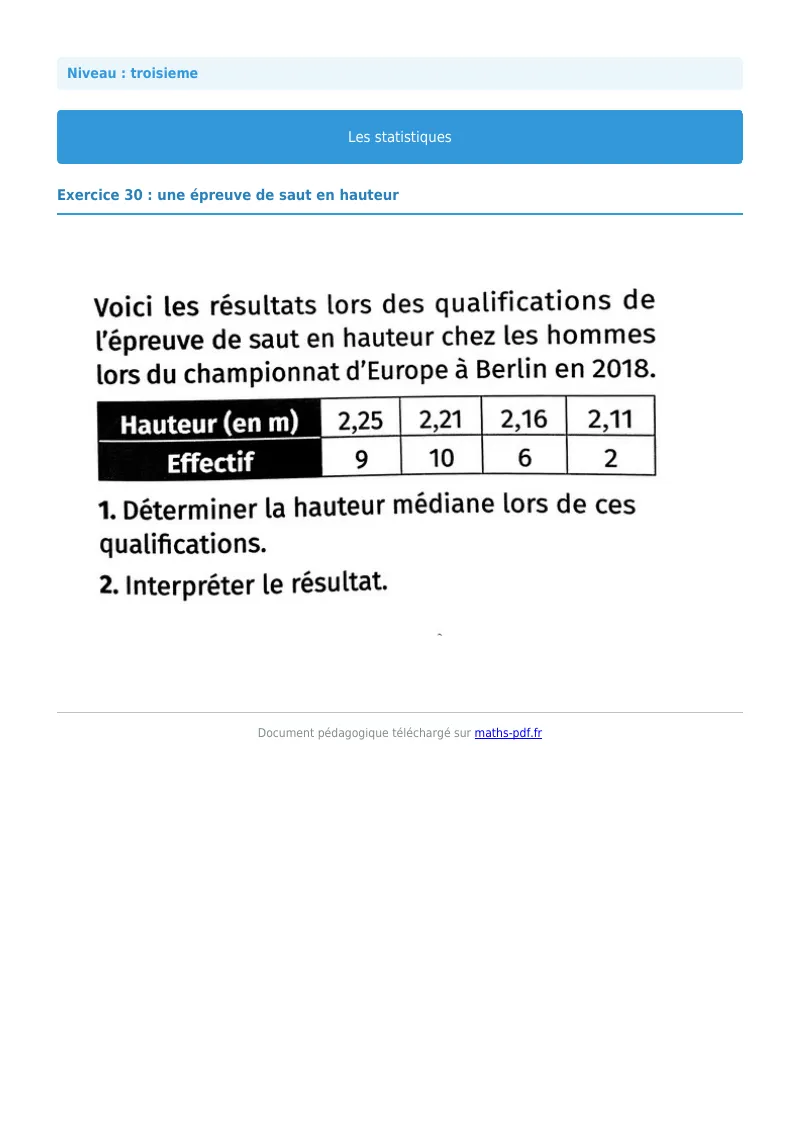 Statistiques : exercice n°30 de maths en 3ème corrigé en PDF