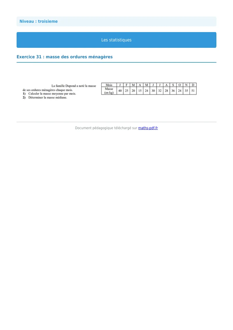 Statistiques : exercice n°31 de maths en 3ème corrigé en PDF
