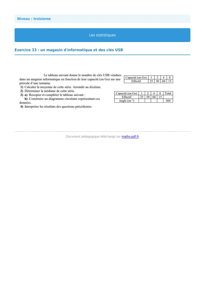 Statistiques : exercice n°33 de maths en 3ème corrigé en PDF