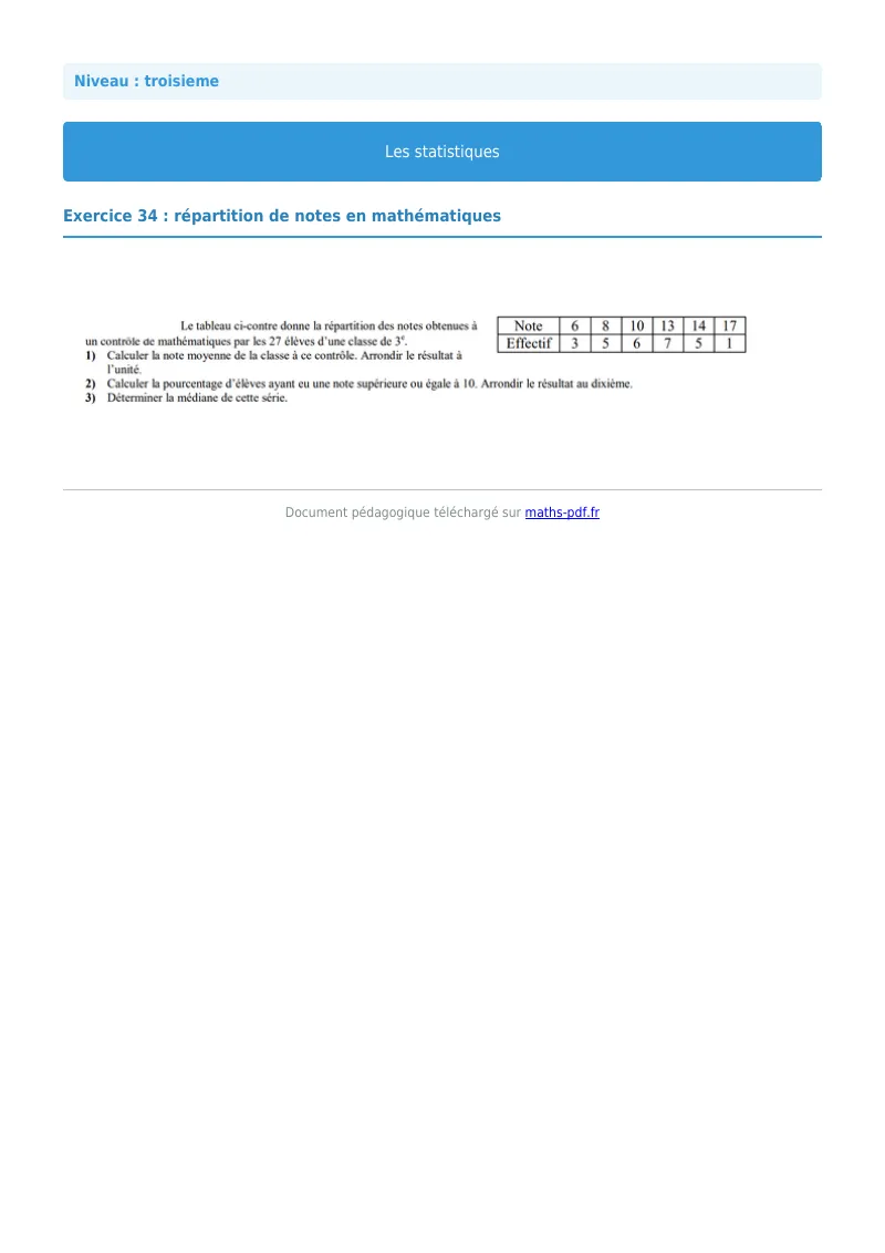 Statistiques : exercice n°34 de maths en 3ème corrigé en PDF