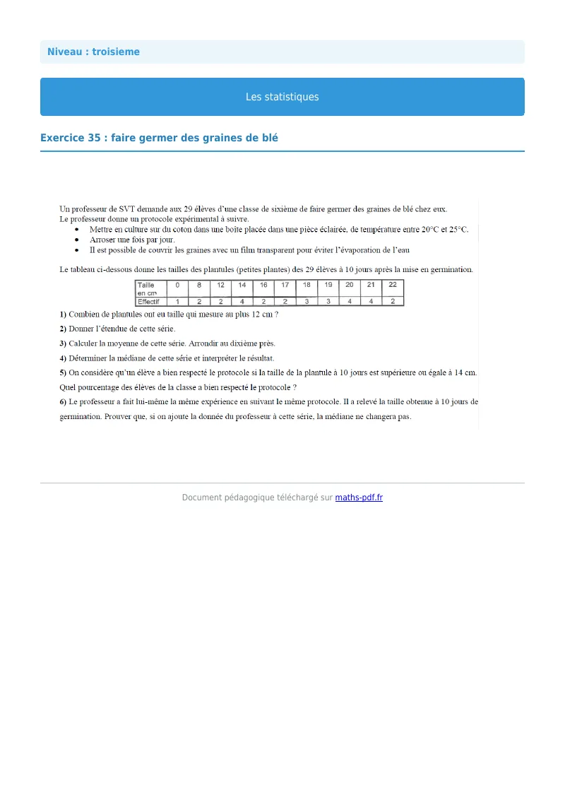 Statistiques : exercice n°35 de maths en 3ème corrigé en PDF