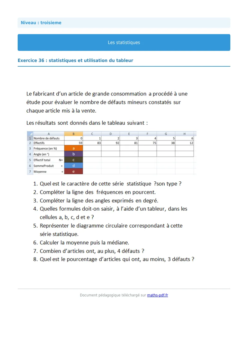 Statistiques : exercice n°36 de maths en 3ème corrigé en PDF