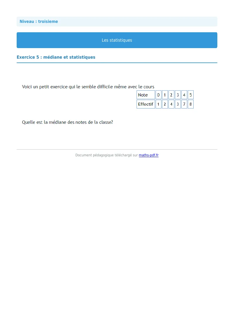 Statistiques : exercice n°5 de maths en 3ème corrigé en PDF