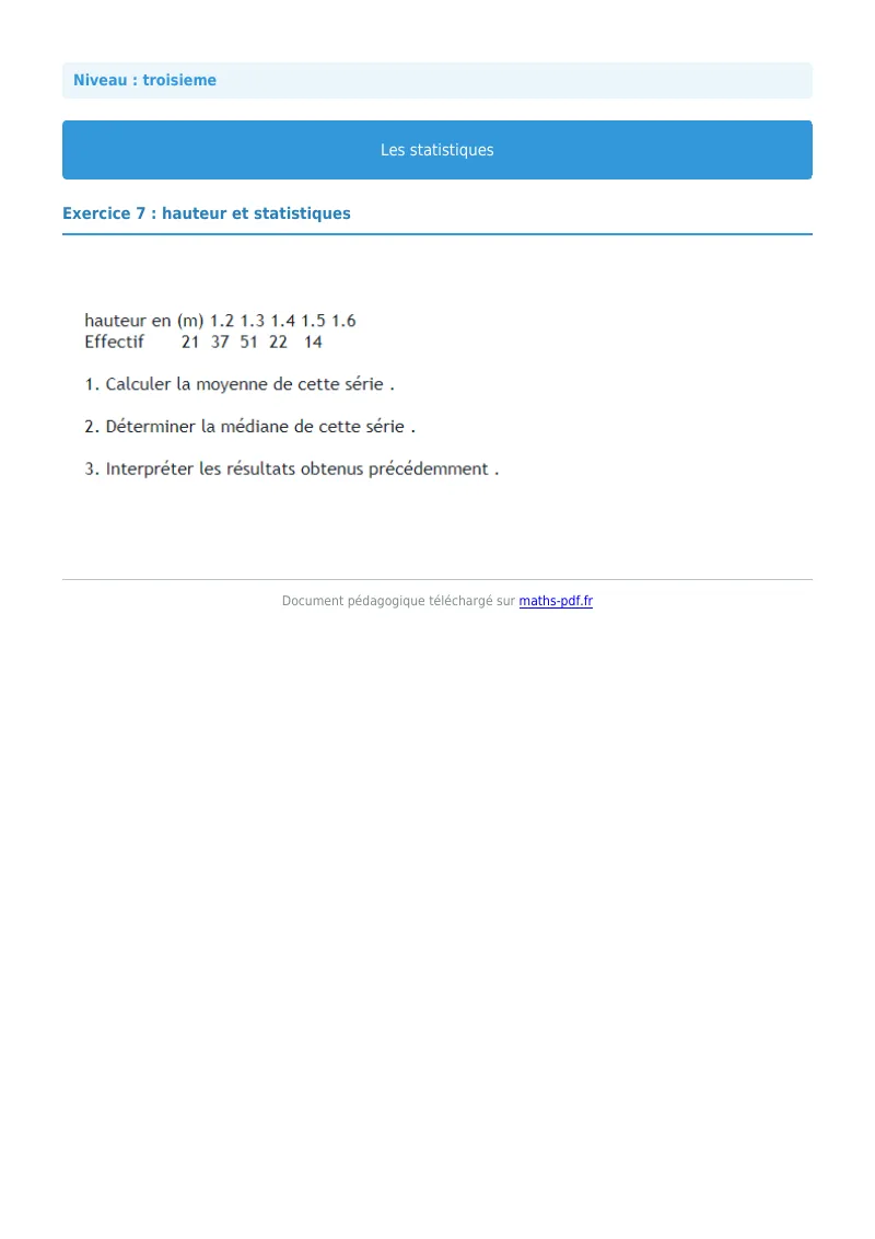 Statistiques : exercice n°7 de maths en 3ème corrigé en PDF