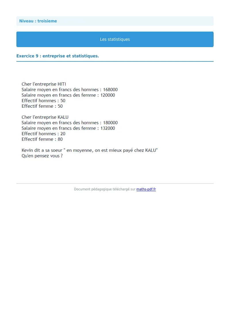 Statistiques : exercice n°9 de maths en 3ème corrigé en PDF
