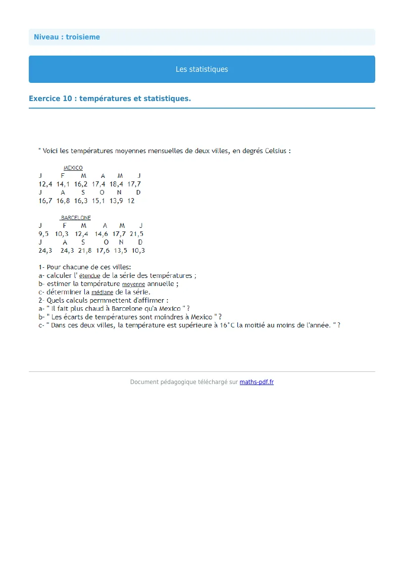 Statistiques : exercice n°10 de maths en 3ème corrigé en PDF