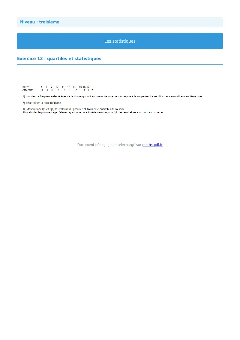 Statistiques : exercice n°12 de maths en 3ème corrigé en PDF