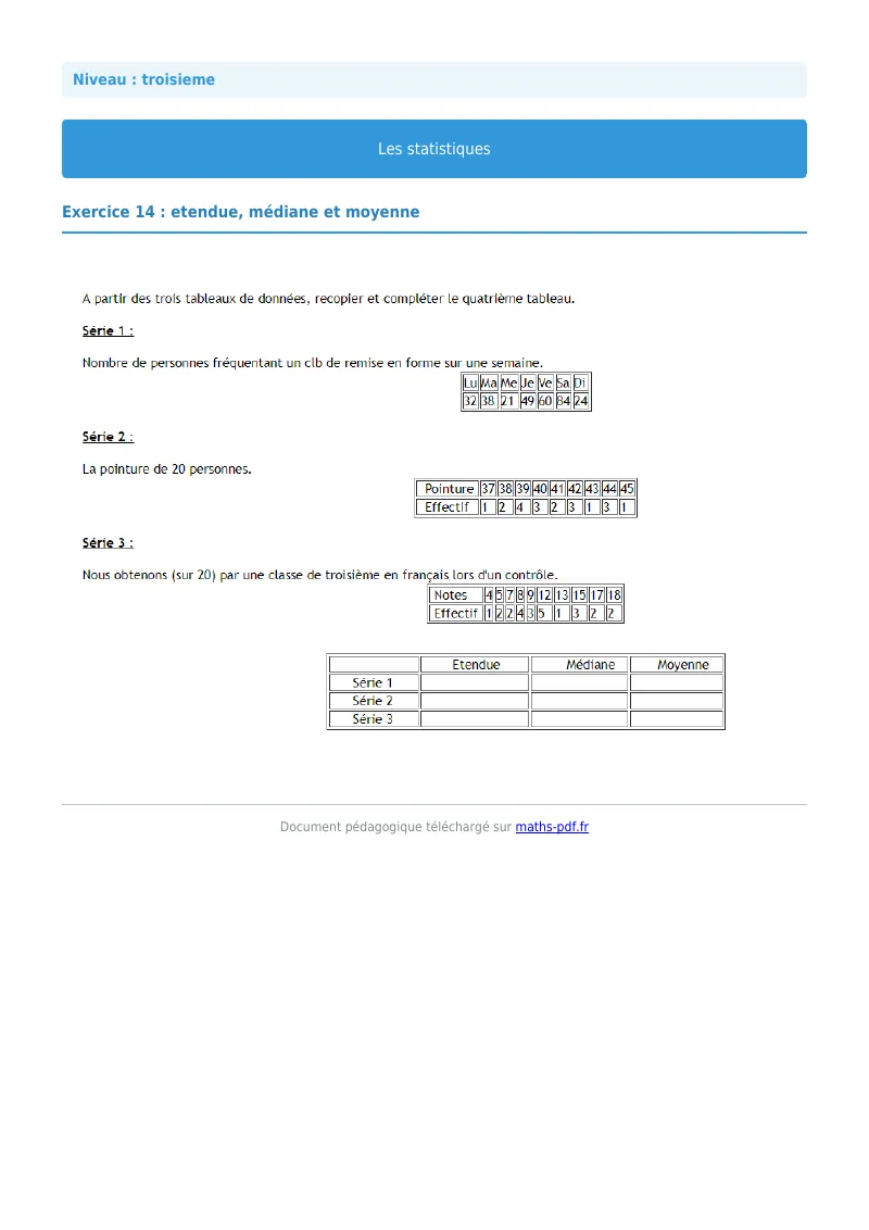 Statistiques : exercice n°14 de maths en 3ème corrigé en PDF
