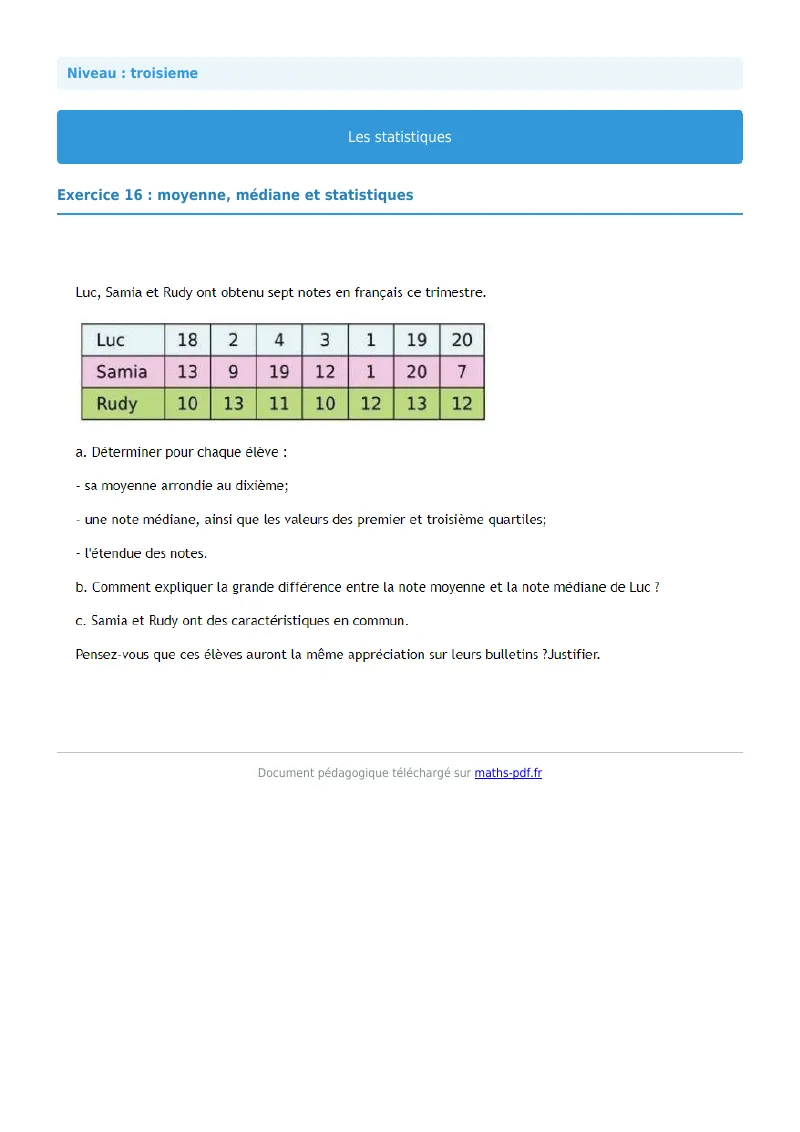 Statistiques : exercice n°16 de maths en 3ème corrigé en PDF