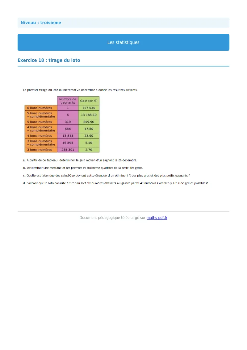 Statistiques : exercice n°18 de maths en 3ème corrigé en PDF