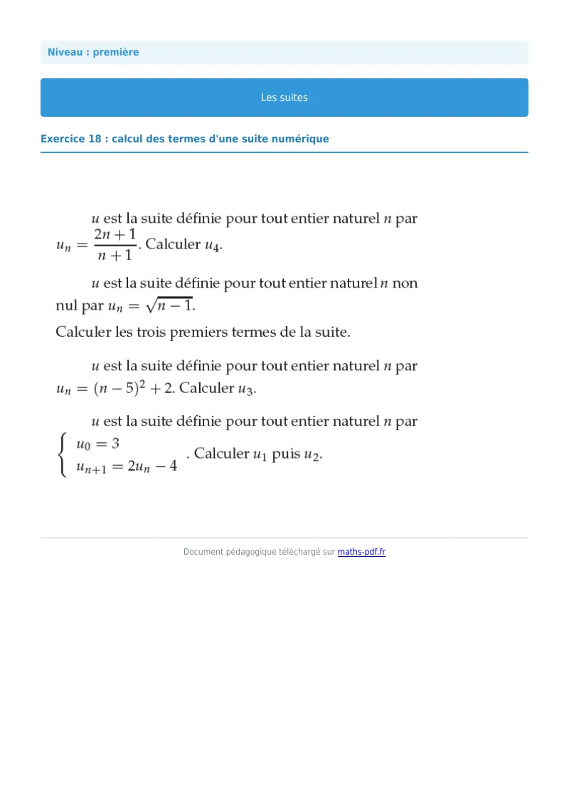 Les suites : exercice n°18 de maths en première corrigé en PDF