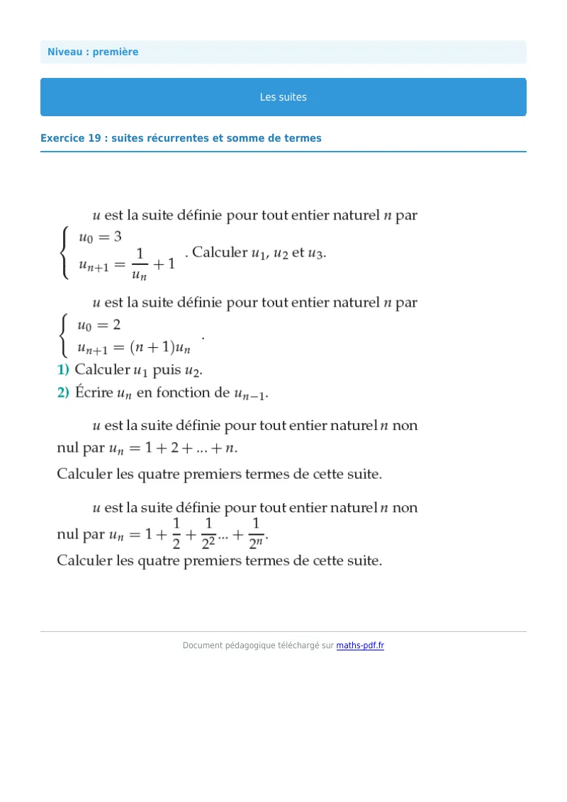 Les suites : exercice n°19 de maths en première corrigé en PDF