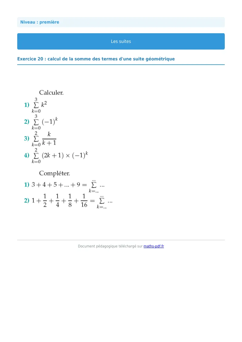 Les suites : exercice n°20 de maths en première corrigé en PDF