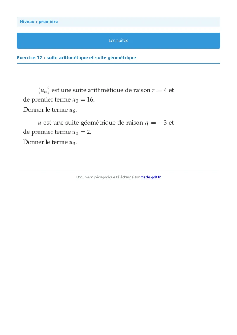 Les suites : exercice n°12 de maths en première corrigé en PDF