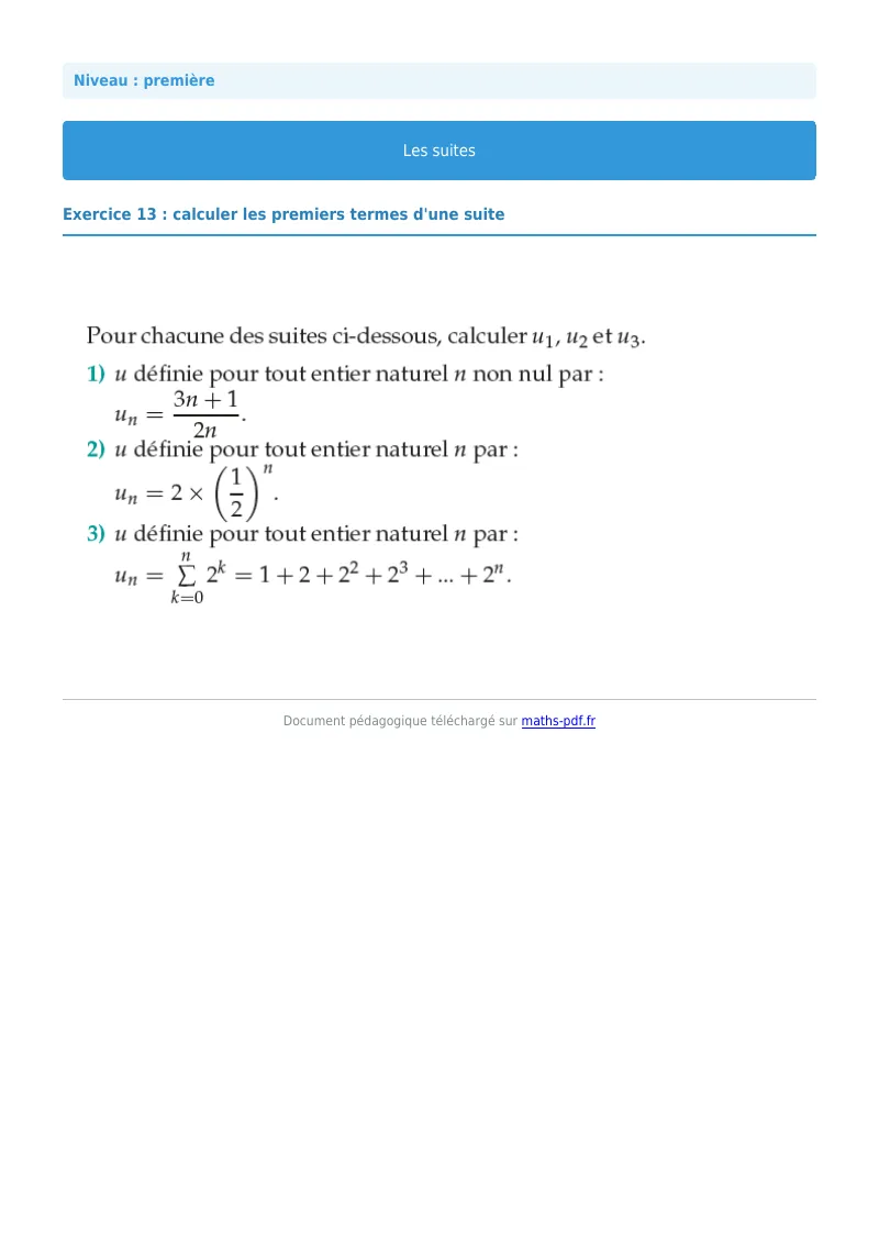 Les suites : exercice n°13 de maths en première corrigé en PDF