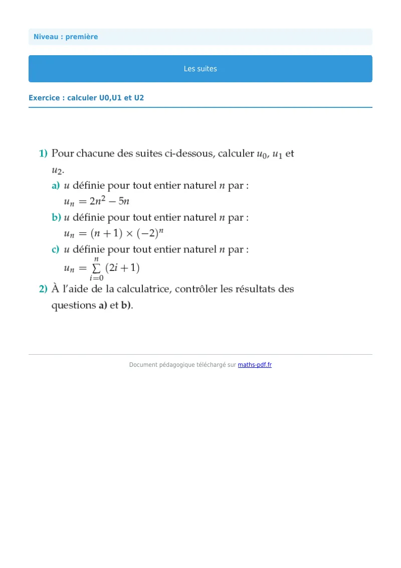 Les suites : exercice n°14 de maths en première corrigé en PDF