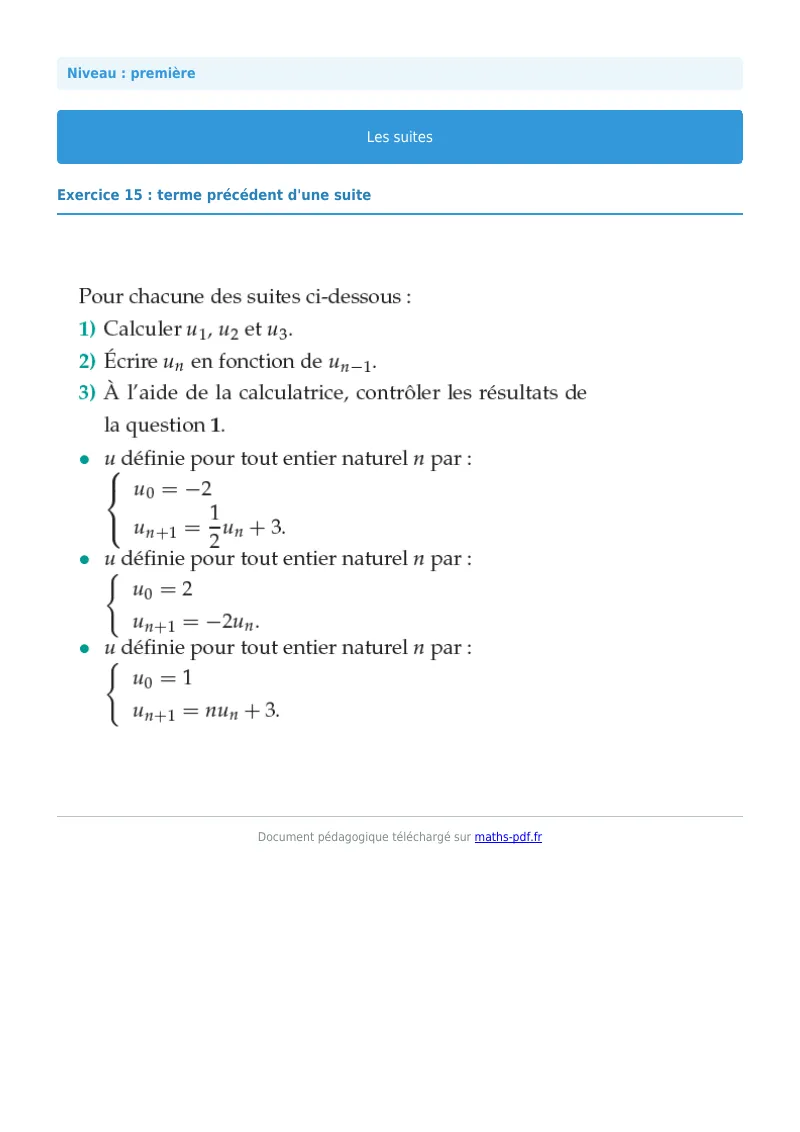 Les suites : exercice n°15 de maths en première corrigé en PDF